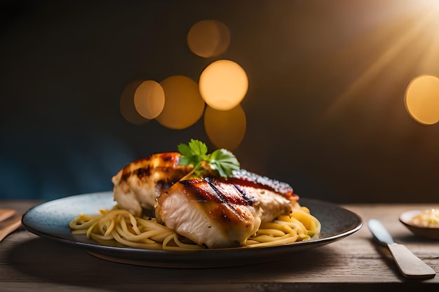 A plate of food with chicken and spaghetti