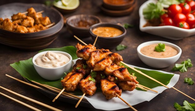 a plate of food with chicken sticks and sauces on it