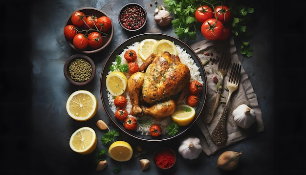 Photo a plate of food with a chicken and vegetables on it