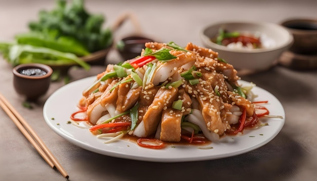 a plate of food with chicken and vegetables on it