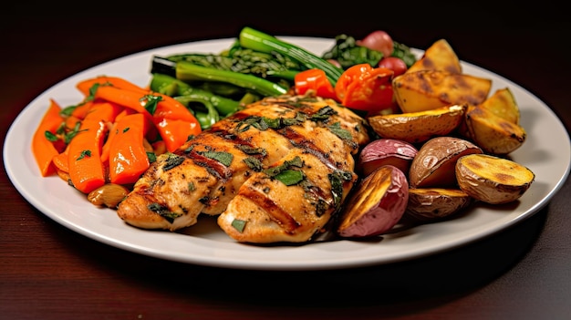 A plate of food with chicken and vegetables