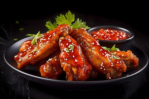 Photo a plate of food with chicken wings and a green garnish.