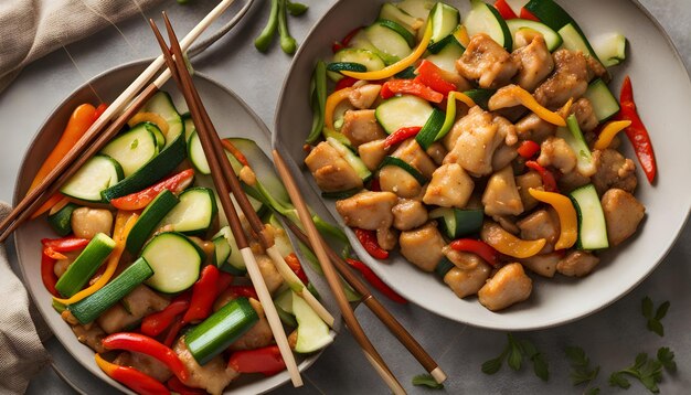 Photo a plate of food with chicken zucchini and zucchini