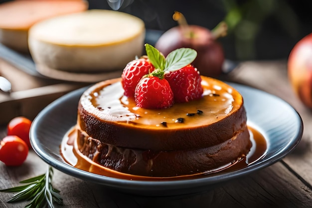 a plate of food with a chocolate cake on it