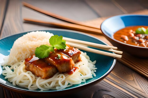 a plate of food with chopsticks and chopsticks on a table.