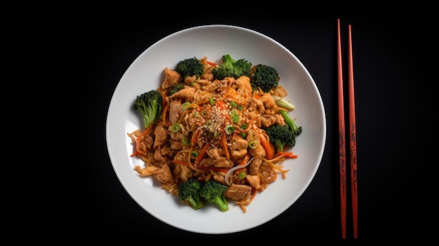 A plate of food with a chopsticks and a red menu with chinese writing on it.