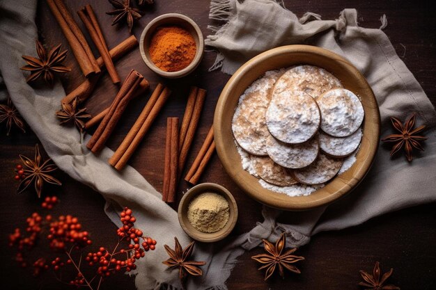 a plate of food with cinnamon sticks and cinnamon sticks.