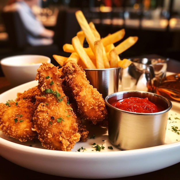 A plate of food with a container of fries and a cup of sauce.