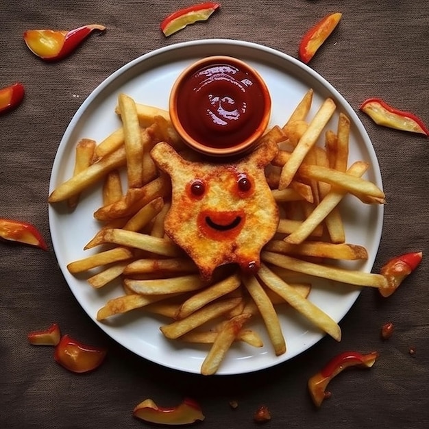 A plate of food with a crab face and ketchup on it