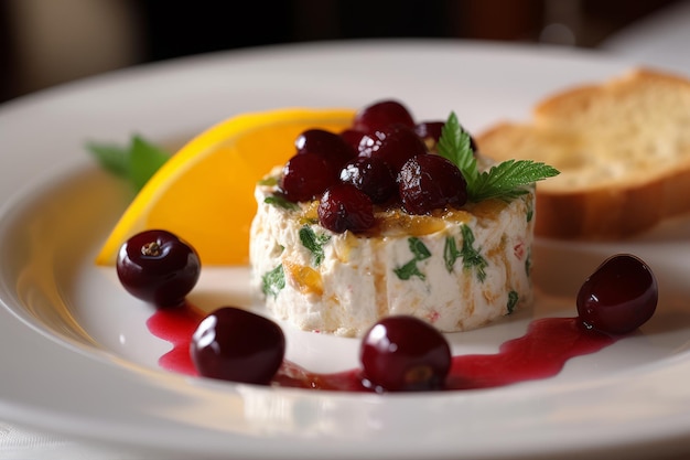 A plate of food with cranberries and orange slices on it