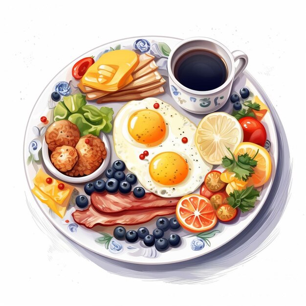 Photo a plate of food with a cup of coffee and eggs on it.