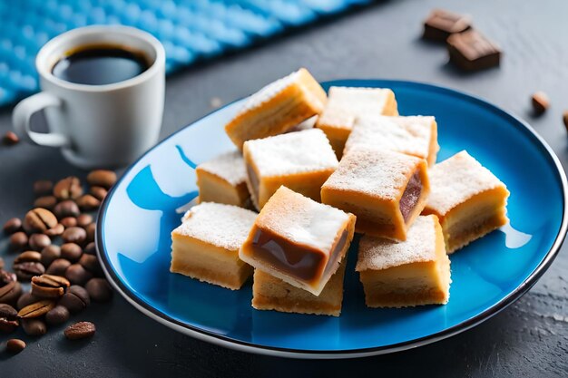 a plate of food with a cup of coffee and a mug of coffee