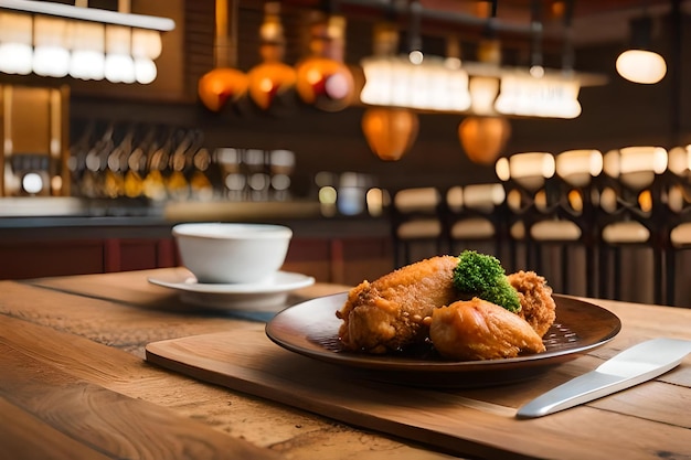 Photo a plate of food with a cup of coffee and a plate of chicken.