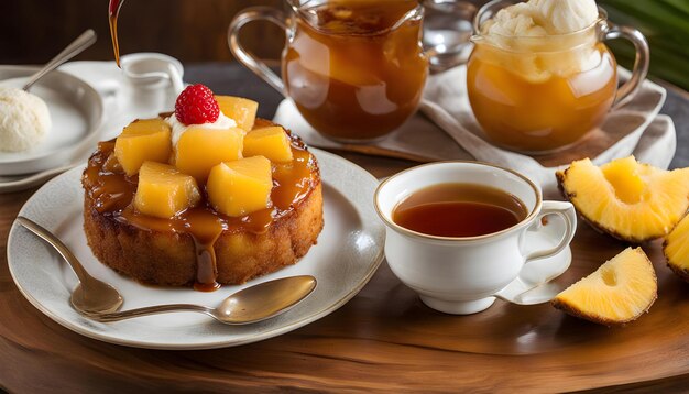 Photo a plate of food with a cup of tea and a cup of tea