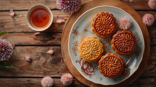 Foto un piatto di cibo con una tazza di tè e un piatto di biscotti su di esso