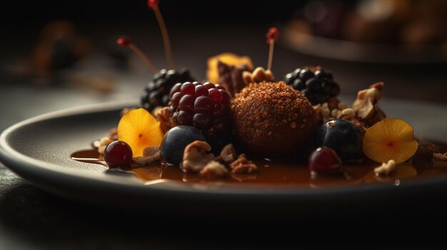 Photo a plate of food with a dark background and a red and black fruit on top.