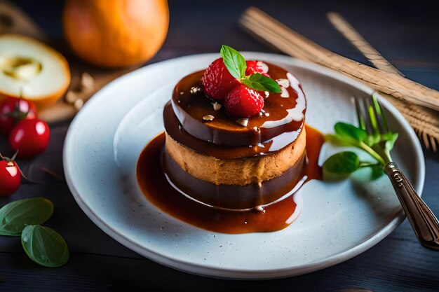 A plate of food with a dessert on it