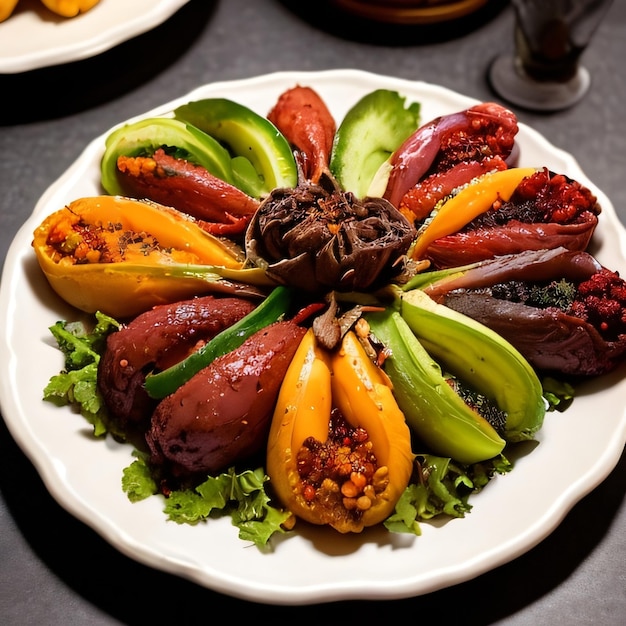 A plate of food with different colors of fruit and vegetables on it.