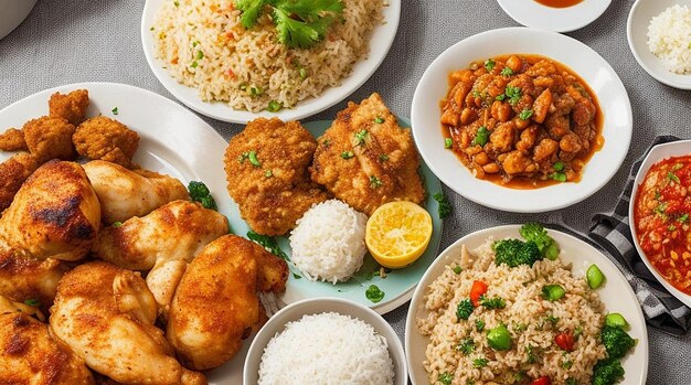 A plate of food with different dishes including chicken rice and other food