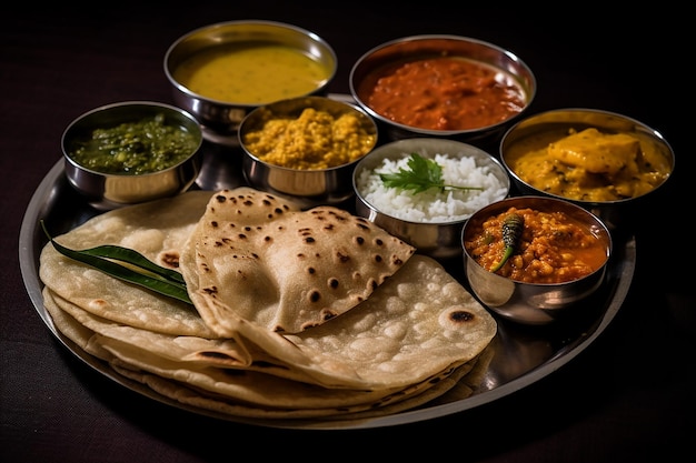 A plate of food with different dishes including roti, rice, and other dishes.