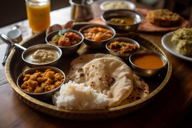 A plate of food with different dishes including a variety of food.