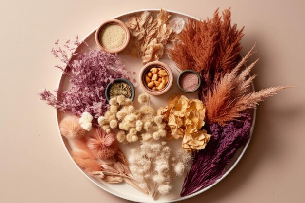 A plate of food with different ingredients including chickpeas, peanuts, and other spices.