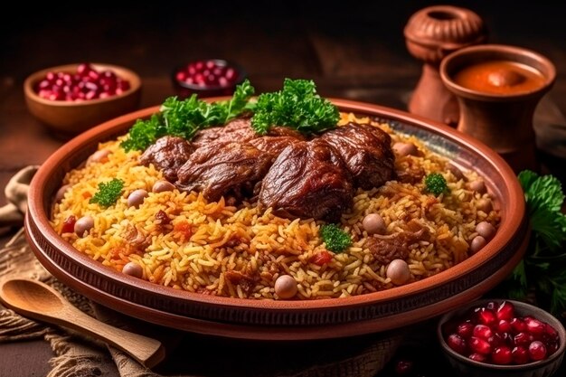 A plate of food with a dish of lamb and rice.