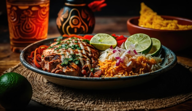 A plate of food with a drink in the background