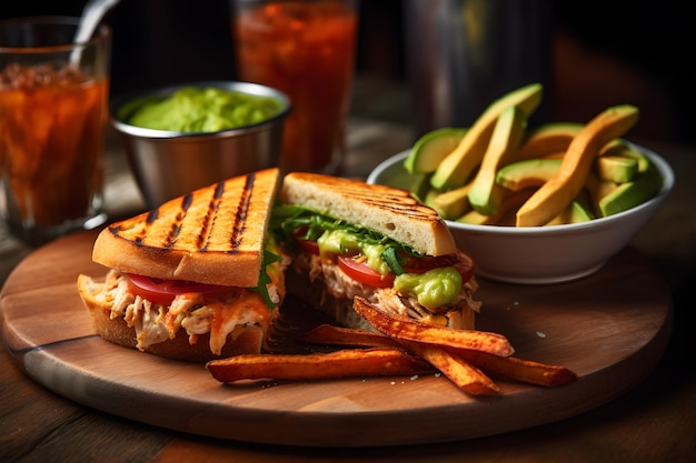 A plate of food with a drink in the background