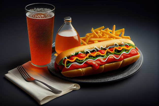 A plate of food with a drink and a hot dog on it.