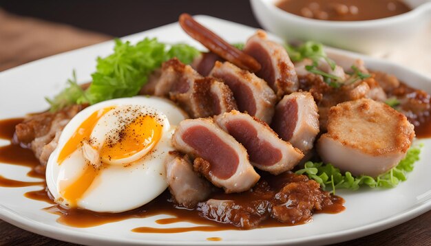 a plate of food with an egg and some meat and vegetables