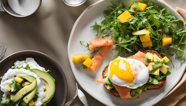 a plate of food with an egg and some vegetables on it