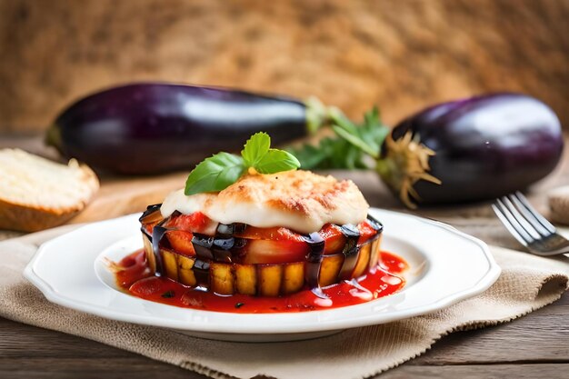 Foto un piatto di cibo con melanzane e melanzane