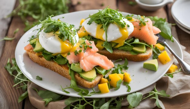 a plate of food with eggs and avocado on it