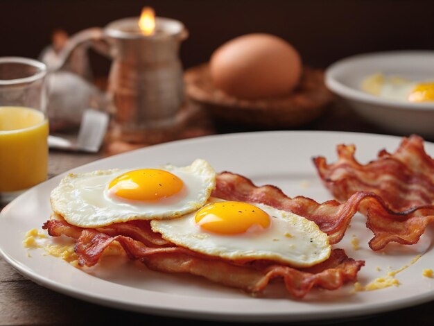 a plate of food with eggs and bacon on it