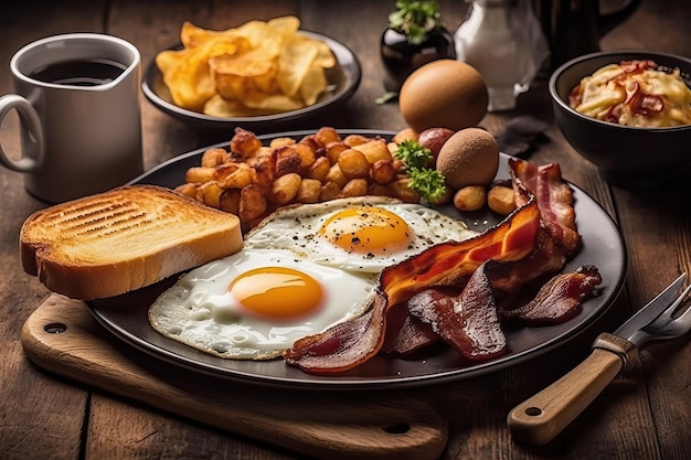 A plate of food with eggs, bacon, toast, and toast.