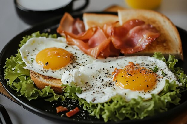 a plate of food with eggs bacon and vegetables