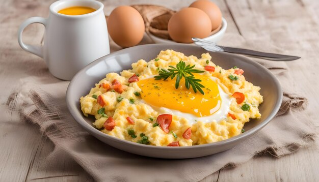 Photo a plate of food with eggs and a cup of orange juice