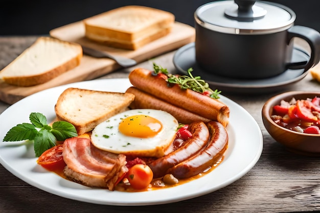 Photo a plate of food with eggs, sausage, sausage, and bread.