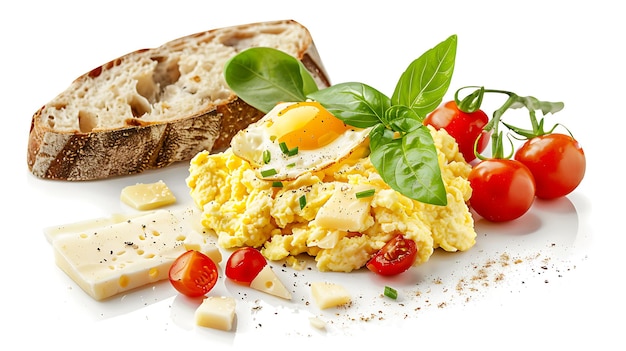 a plate of food with eggs tomatoes and bread