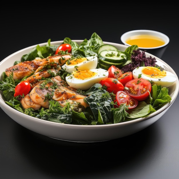 a plate of food with eggs, tomatoes, and greens.