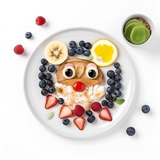 A plate of food with a face made of fruit and a cup of tea.