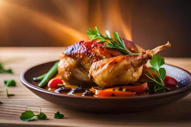 a plate of food with a fire in the background