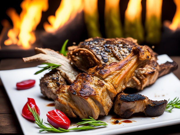 A plate of food with a fire in the background