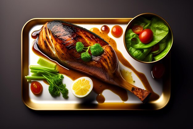 A plate of food with a fish on it and a salad on the side.