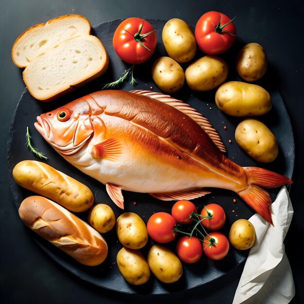 a plate of food with a fish and tomatoes on it