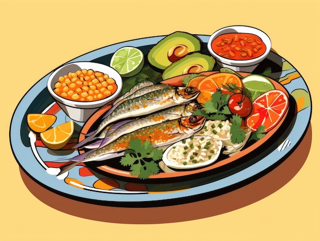 a plate of food with fish and vegetables