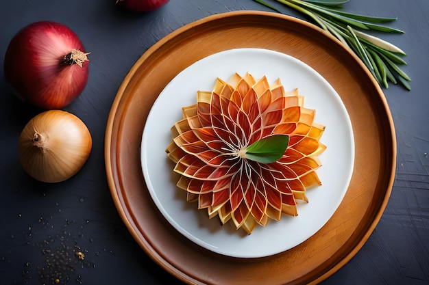 A plate of food with a flower on it