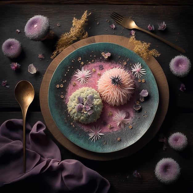 Photo a plate of food with flowers on it and a purple cloth on the table.