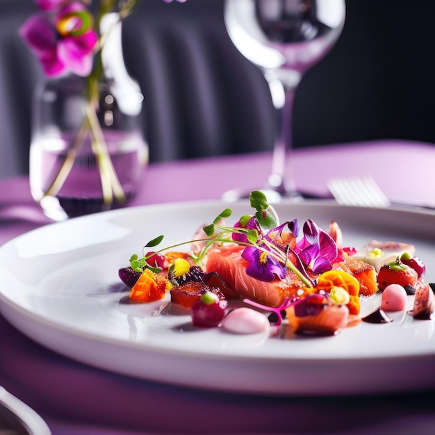 a plate of food with flowers and a knife on it